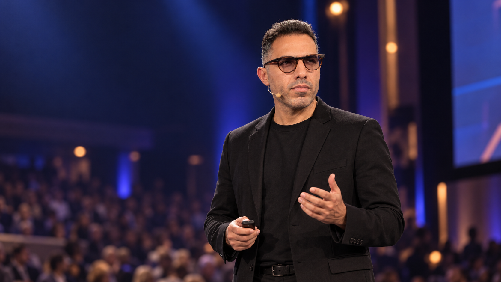 Mohamed Nabil speaking on a conference stage in a black blazer